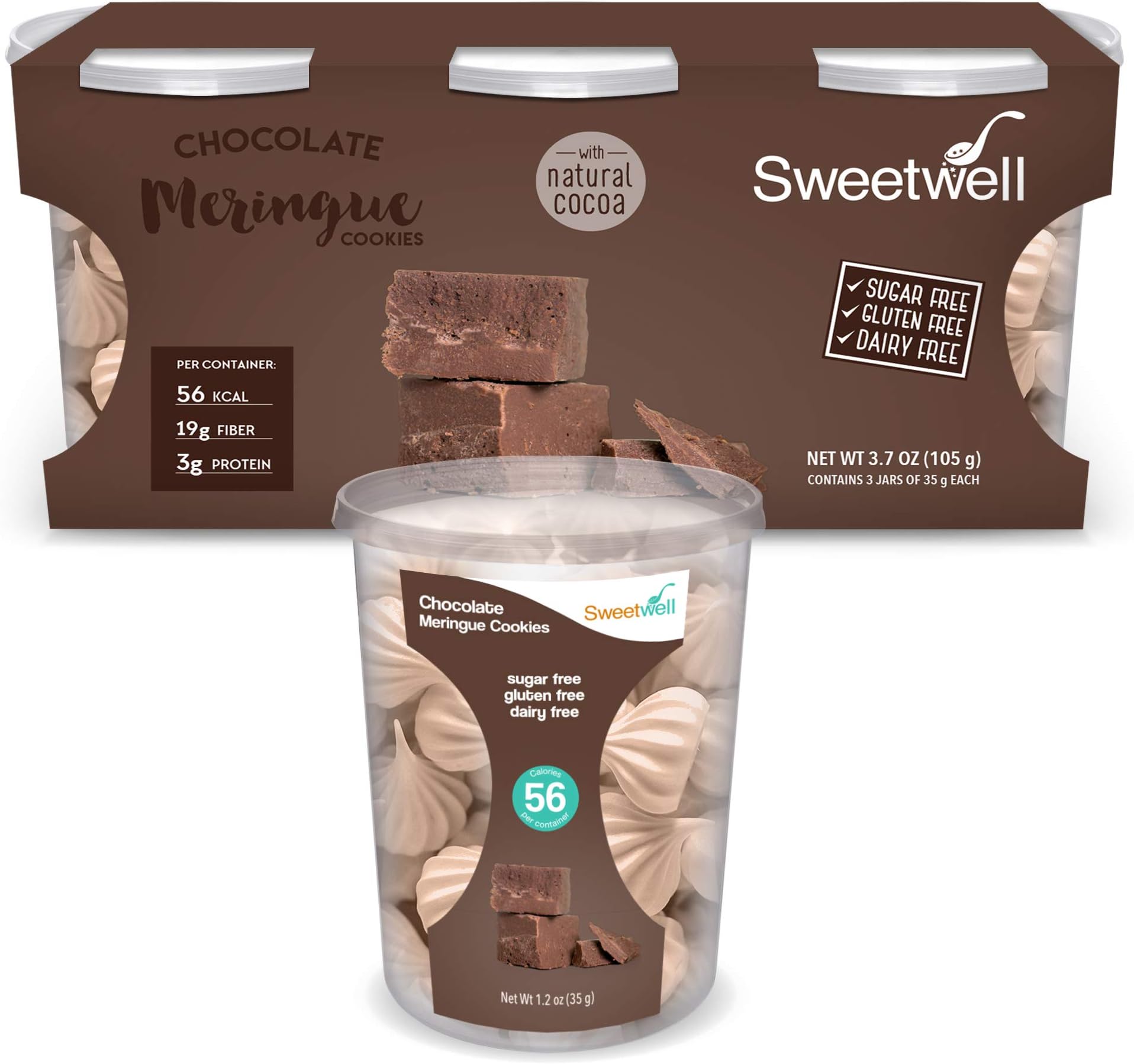 Sweetwell - Sugar Free - Gluten Free - Fat Free - Dairy Free - Superior Taste Healthy Snacks with Low Glycemic Index - Meringues - 1.23 oz - Pack of 3 (Chocolate)