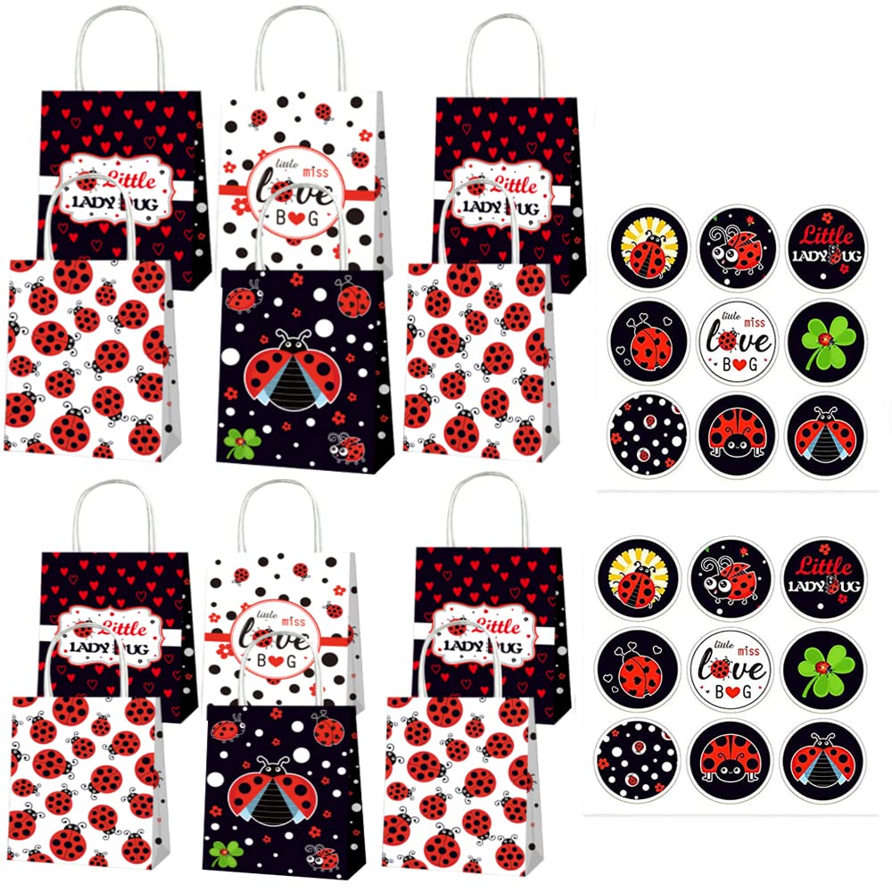 Ghberll Ladybug Party Bags 12PcsRed Black Polka Dot Kraft Paper Candy Gift Boxes with 18Pcs Ladybug Vinyl Waterproof Stickers Favor Kit for Birthday Party Decorations Supplies