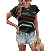 Loaribe Womens Summer Tops Short Dolman Sleeve Crew Neck Striped Shirts Spring 2026 Fashion Beach Vacation Clothing