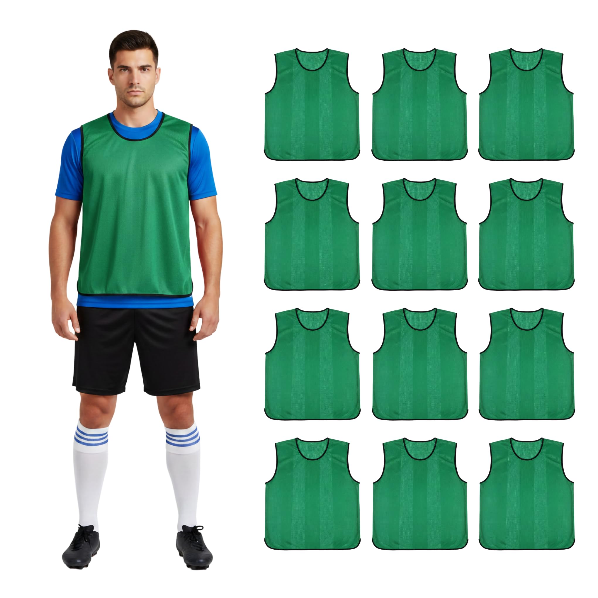 12 X Sports Training Bibs Football Netball Rugby Hockey Cricket Volleyball Pinnies Scrimmage Vests Soccer Sports Club + Carry bag (Green, Youth)