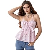 Verdusa Women's Floral Gingham Bow Tie Camisole Tops Sleeveless Shirred Back Peplum Top