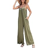 FKEEP Women's Loose V Neck Sleeveless Jumpsuits Adjustable Spaghetti Strap Romper Casual Wide Legs Pants with Pockets