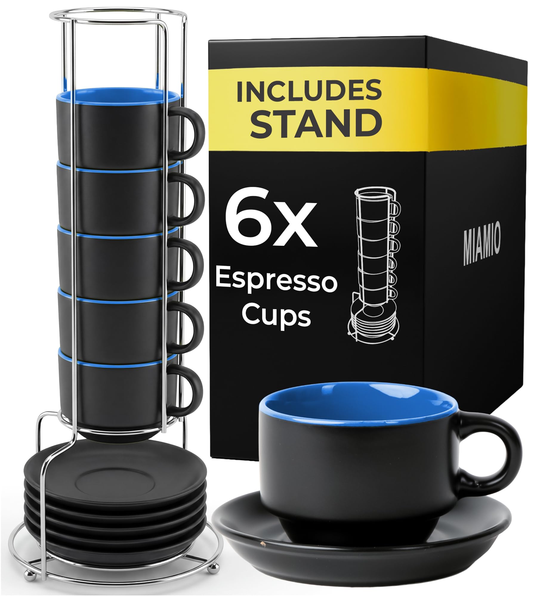 MIAMIO - 75 ml Espresso Cup Set with Saucers Coffee Mug Set of 6 - Ceramic Coffee Mug Stackable Espresso Mug with Stand for Coffee Drinks, Latte, Cafe Mocha - Le Papillon Collection (Blue)
