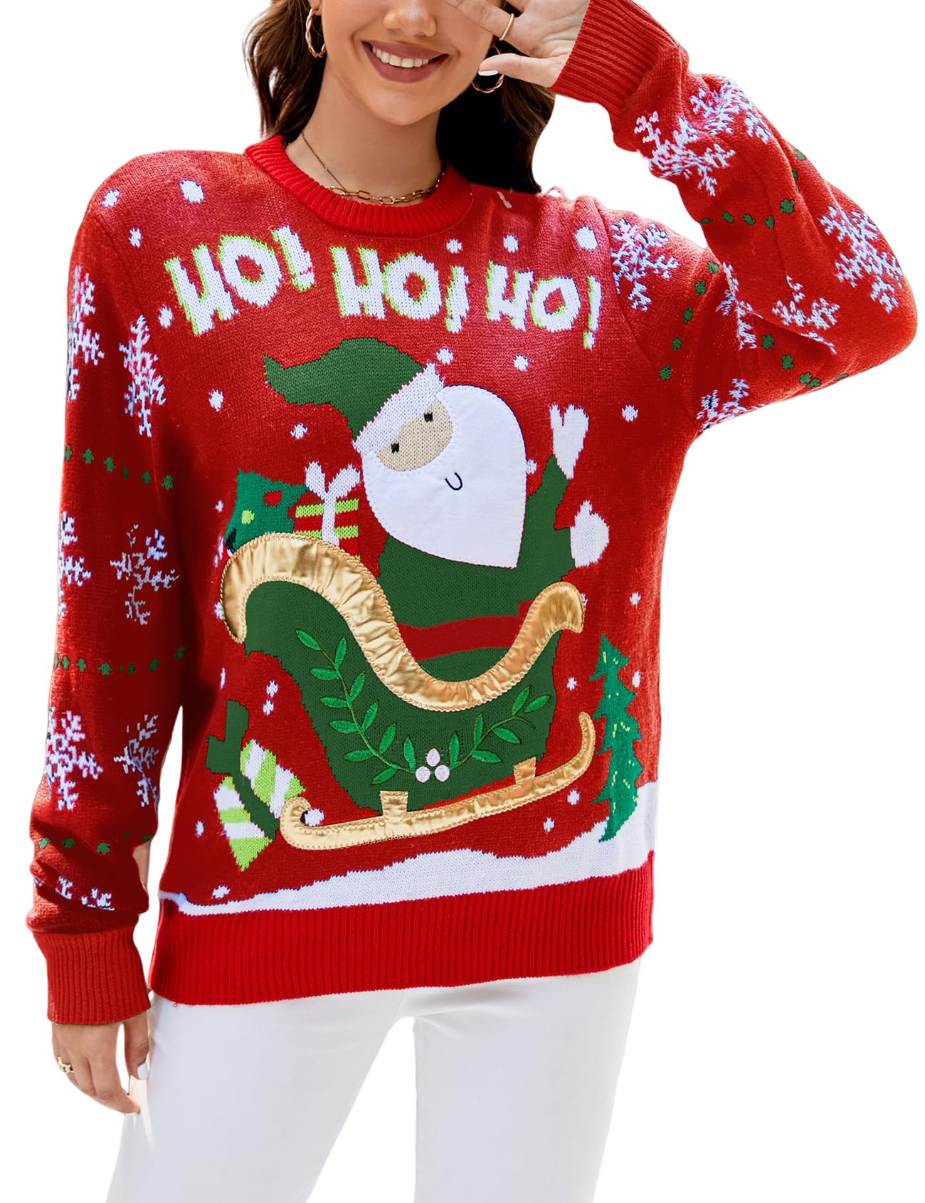 Photo 1 of Wyeysyt Women's Ugly Christmas Sweater Xmas Funny Cute Christmas Tree Snowflake Reindeer Santa Sweater Knitted Pullover Tops(RedSanta-S)