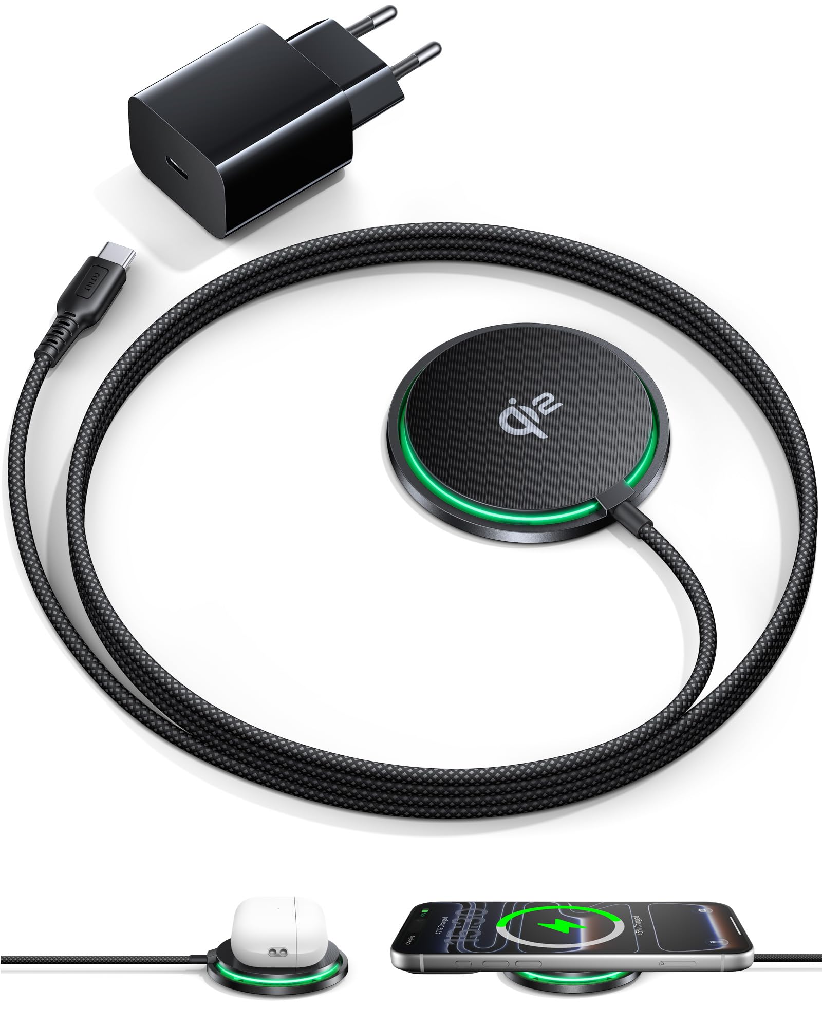 INIU Mag-Safe Ladegerät, 15W Qi2-Zertifiziertes Wireless Charger Induktive iPhone Ladestation mit LED, Kabelloses Ladepad für iPhone 17 16 15 14 13 12 Pro Max AirPods 4 3 Pro 2 (mit 20W USB C Adapter)