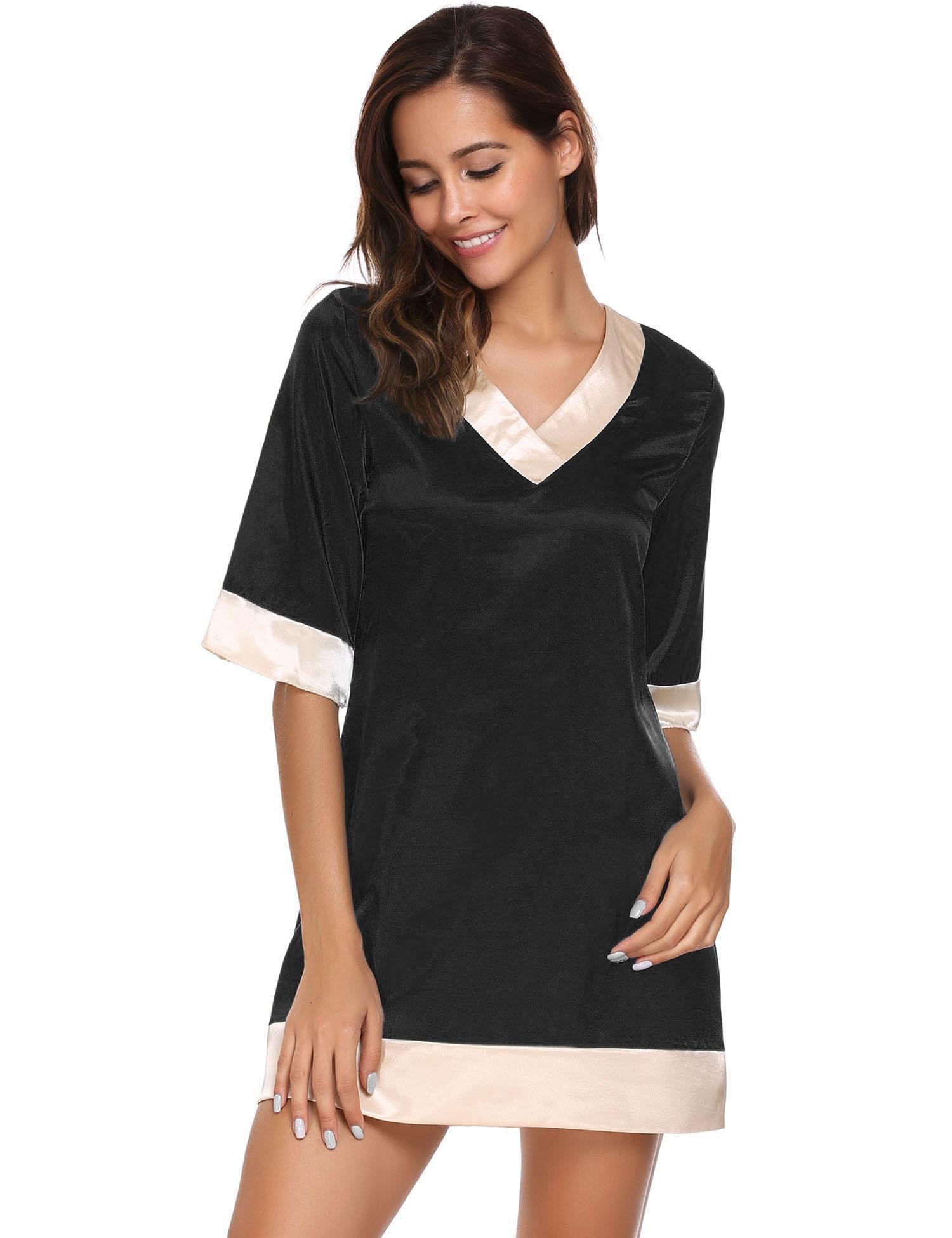 Avidlove Womens V Neck Satin Sleepwear Short Sleeve Color Block Nightgown Sleep Dress