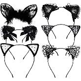 KIUSOWAYD 6 Pcs Lace Cat Ears Headbands, Black Lace Headwear Hair Band Party Decoration Cosplay for Women