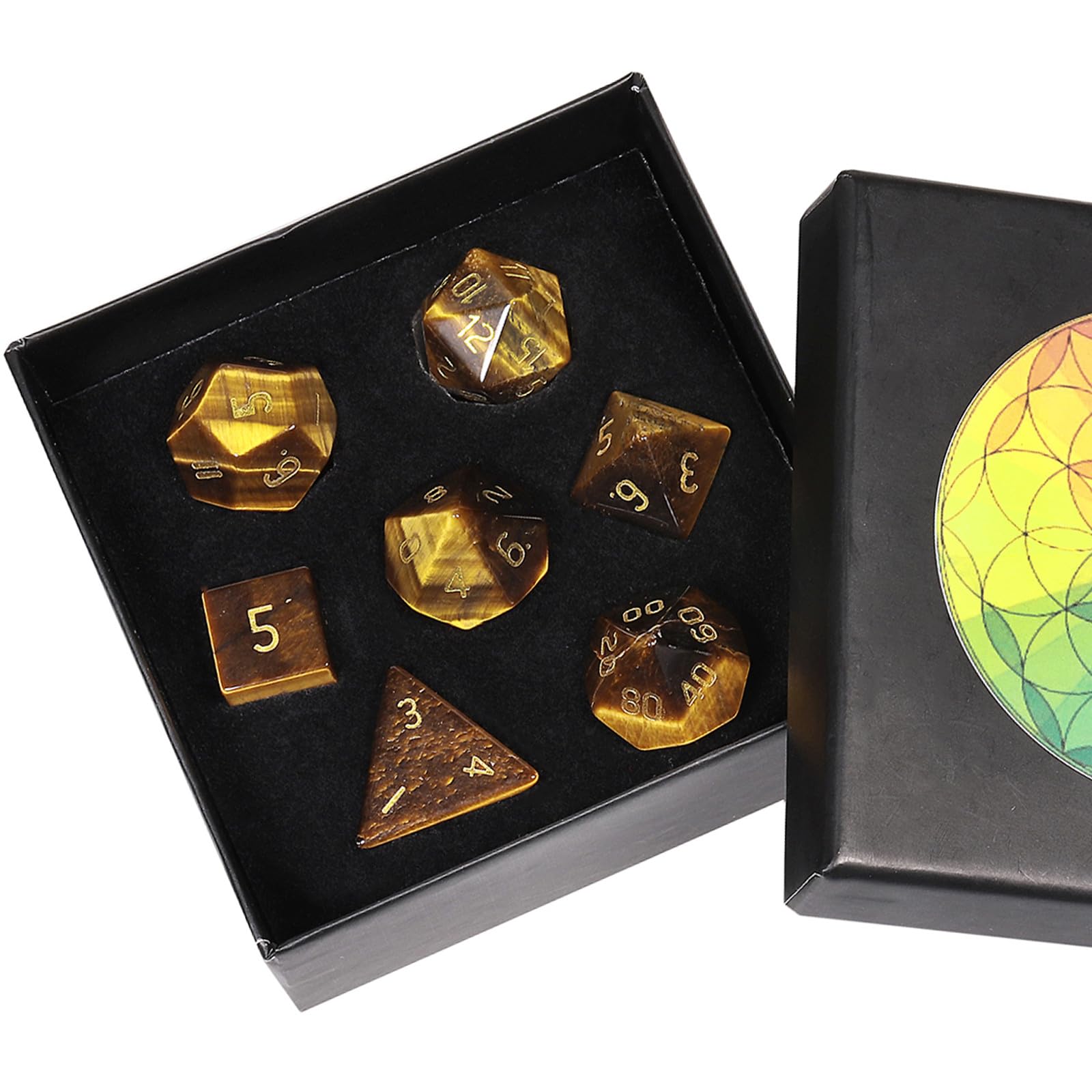 Nupuyai 7pcs Tiger's Eye Crystal Polyhedral DND Dice Set for RPG MTG Table Games, Polished Tumbled Stones Dices with Box for Home Decor — image 1