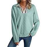 SHEWIN Womens Casual Textured Sweatshirt Colorblock Striped Collar Quarter Zip Long Sleeve Pullover Tops