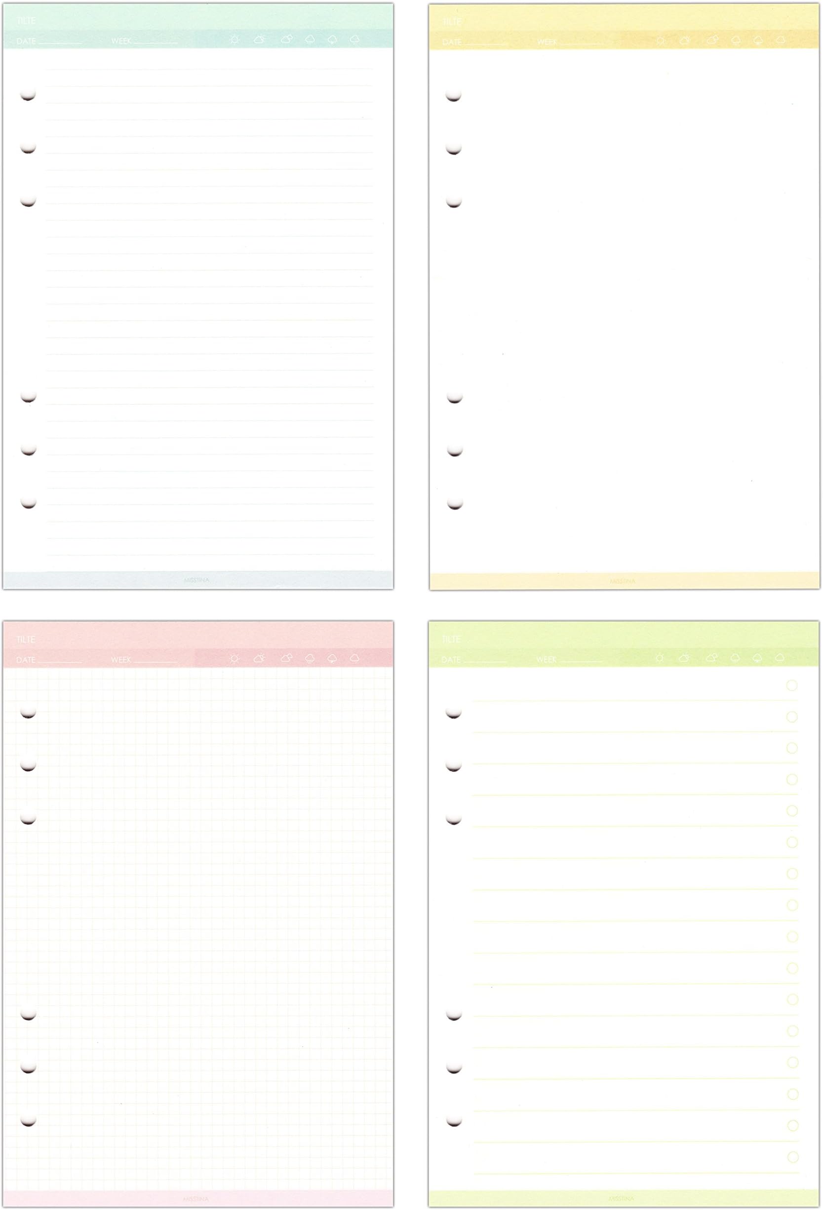 6 Holes Planner Refills, Filler Paper, Match for A5 6-Holes Ring Binders/Planners Notebook/School Stationery, 80 Sheets/Set (A5, Ruled ToDo Plain Grid per 20 Sheets)