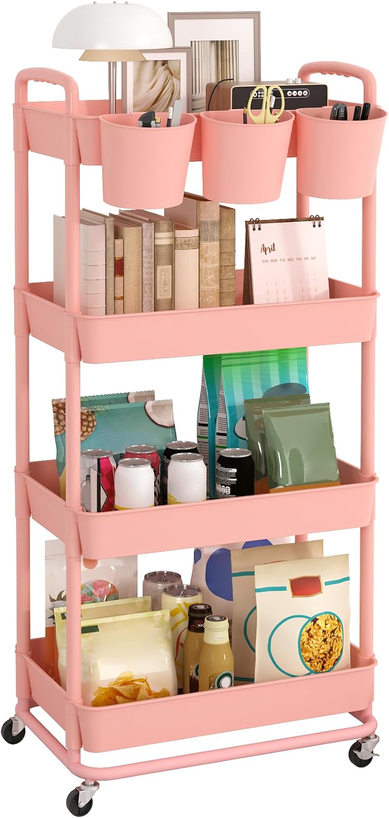 JIUYOTREE 4-Tier Plastic Rolling Storage Cart Pink with Lockable Wheels