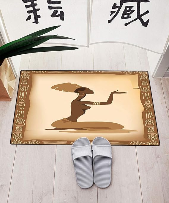 African Woman Entryway Doormat, Ancient Folk Art Element