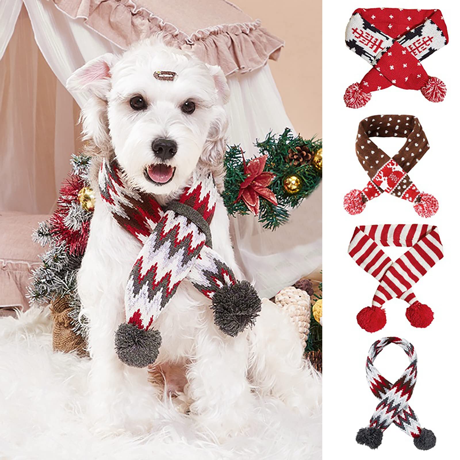 Dog Christmas Scarf Pet Puppy Xmas Knitted Costume Winter Warm Bandanas Neckerchief Cat Neck Warmer Apparel for Holiday Festive (Small, Gray White)