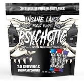 Insane Labz Psychotic Black Edition Mid Stimulant Pre Workout Powder, Energy Focus Pumps, Loaded with Creatine Beta Alanine Taurine Fueled by AMPiberry, Variety 30 Servings