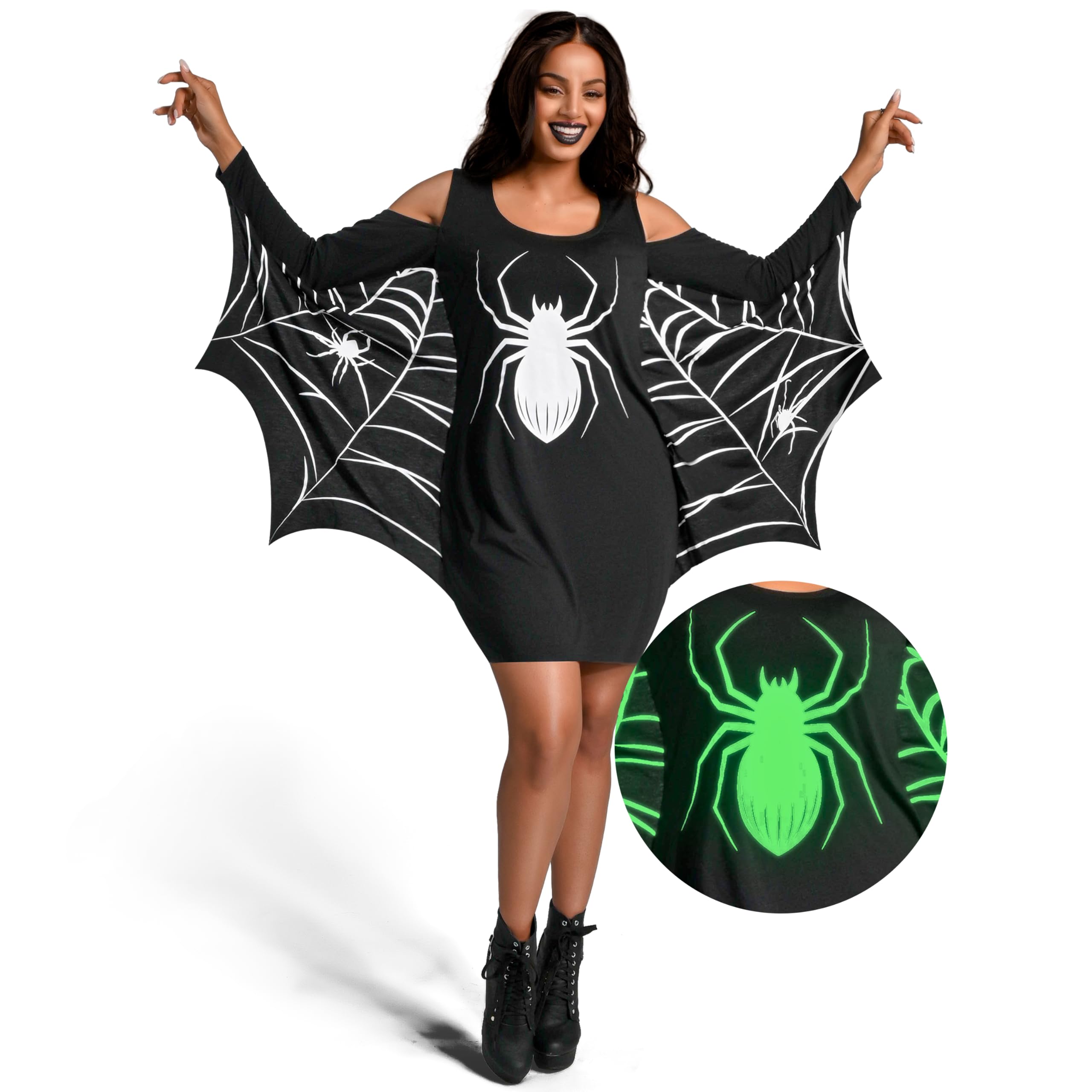 Spooktacular Creations Women's Glow in The Dark Halloween Bat Wings Costume Dress, Black Spider Casual Long Sleeve Dress-L