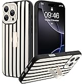 SOKAD for iPhone 16 Pro Case with Finger Strap Kickstand, Cute Vertical Stripes Line Phone Case with Finger Hand for Women Men, Slim Full Camera Protection Shockproof Case Cover, Black White