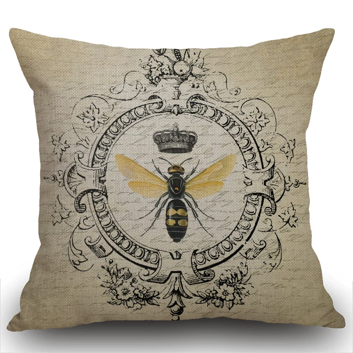 Smooffly Cushion Cover Modern Vintage French Queen Bee Decorative Throw Pillow Case Throw Pillow Cover 18x18 inches Cotton Linen Home Sofa Decor Pillowcase (French-Bee)