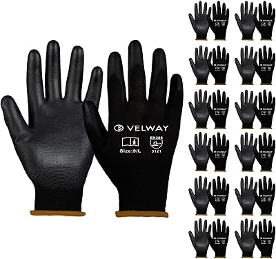 Velway 12 Pairs Safety Work Gloves PU Coated Firm Grip Size L/9 EN388 Black