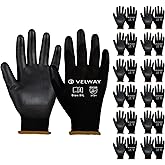 Velway Safety Work Gloves 12 Pairs - PU Coated Seamless Knit Working Gloves with Grip for Men Women Lightweight Breathable Ideal for Gardening Warehouse Construction General Duty Work (Black, Large)