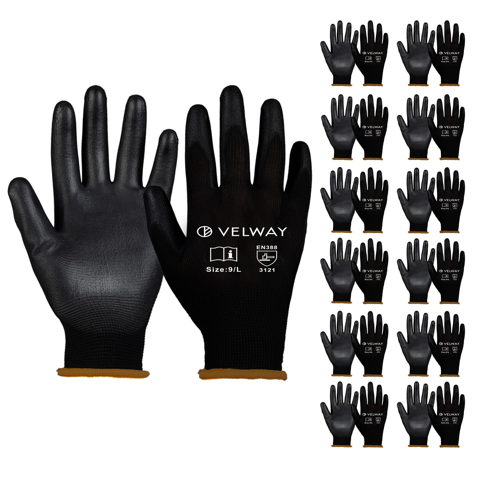 Velway 12 Pairs Safety Work Gloves - Firm Grip Non-Slip PU Coated Builders Gardening Protective EN388 Mechanic Working for Men Women Black (Size 9/L) — image 1