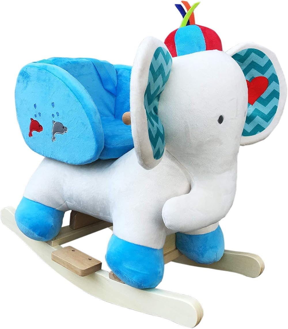 Rocking Horse Co Rocking Elephant Plush White Blue Wood Rockers Sound Toy