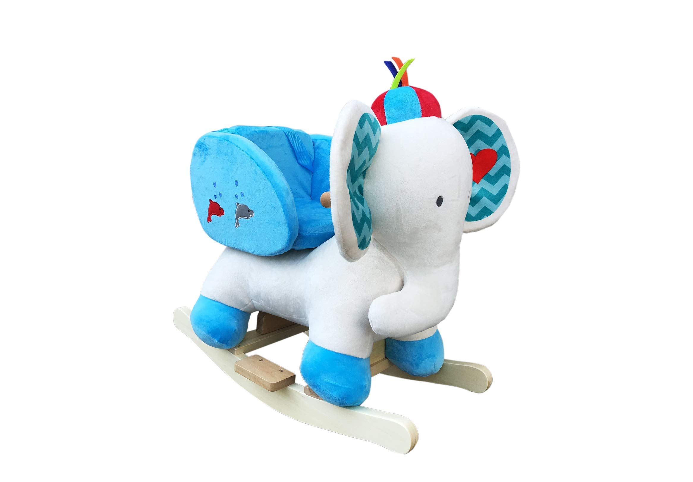 The Rocking Horse Co. - Rocking Elephant - White / Blue - Plush Finish - Complete with Sounds - On solid wood rockers