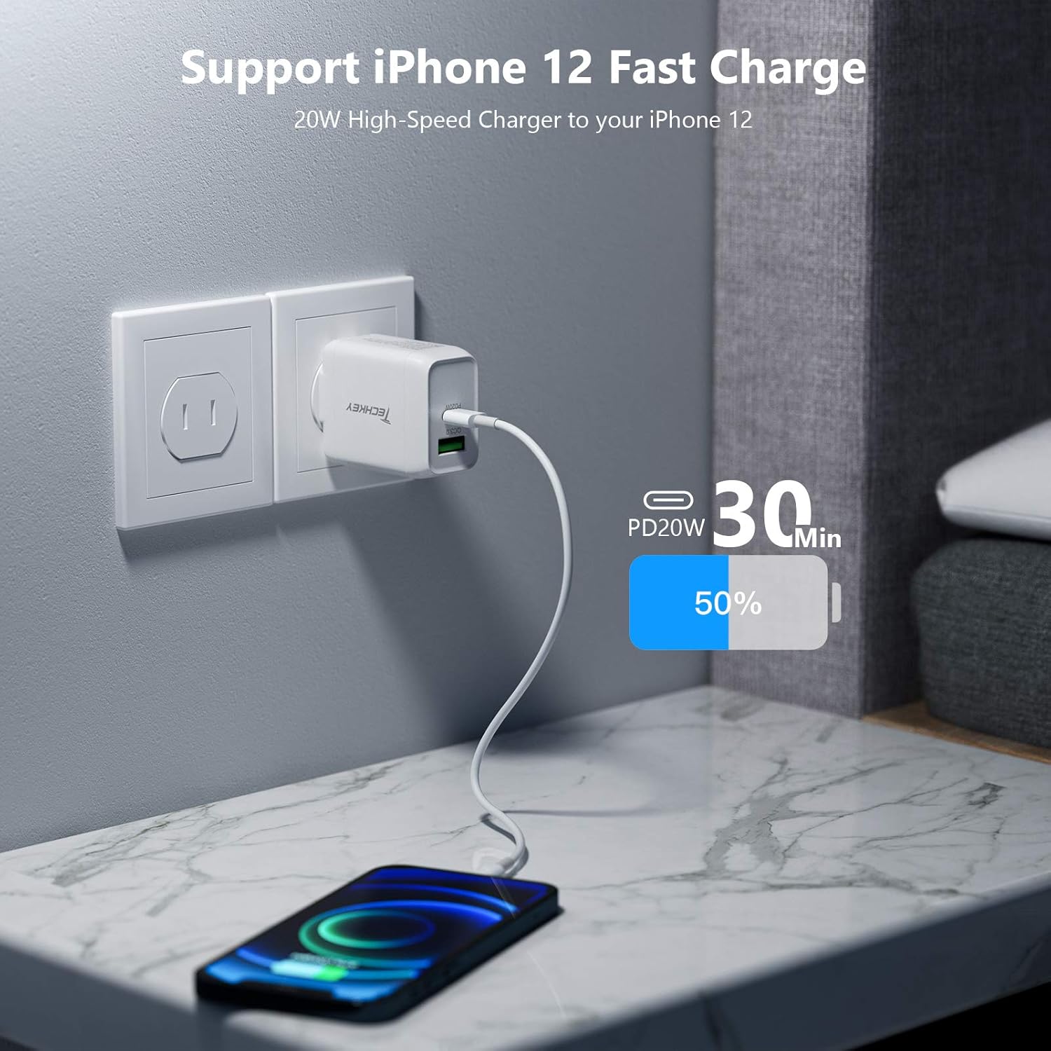 USB C Wall Charger, Techkey 20W 2-Port Fast Charger USB Type C Charger 5V / 3A Power Adapter Quick Charge 3.0 with Foldable Plug for iPhone 12/11 / X / 8/7 / 6, iPad and More