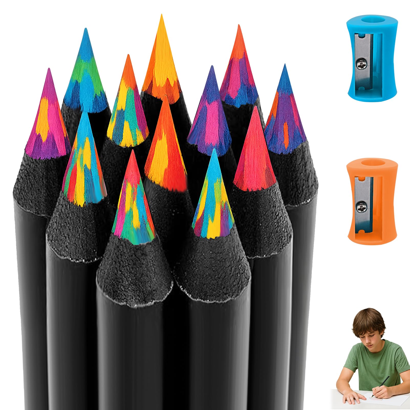Girihe 12 PCS Rainbow Pencil, Rainbow Pencils with 2 Sharpeners Rainboww Pencils, Coloured Pencil for Children