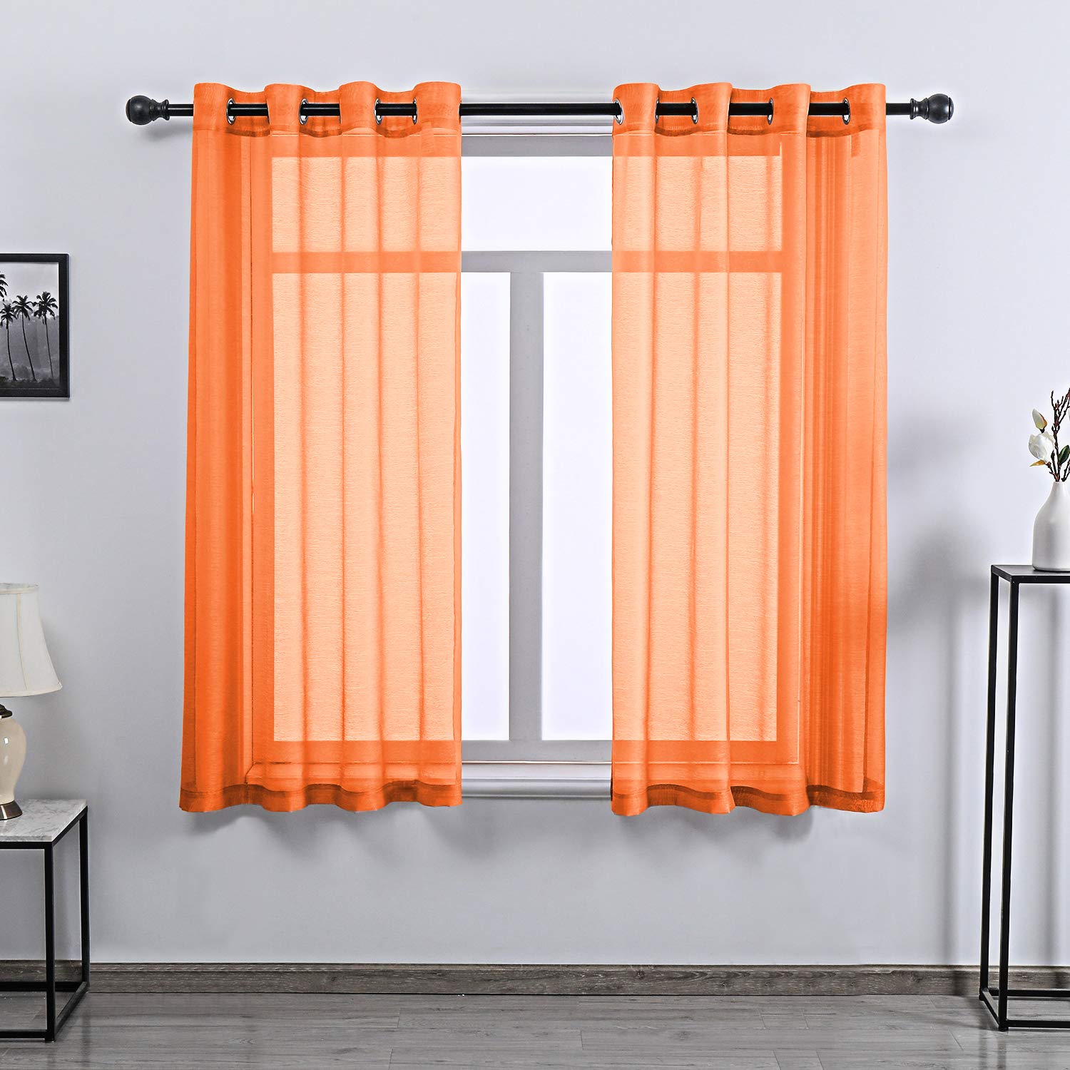 DONREN Orange Sheer Curtain Panels for Bedroom - Luxury Textured Voile Window Curtains With Grommets for Living Room, 52 W x 63 L, 2 Panels