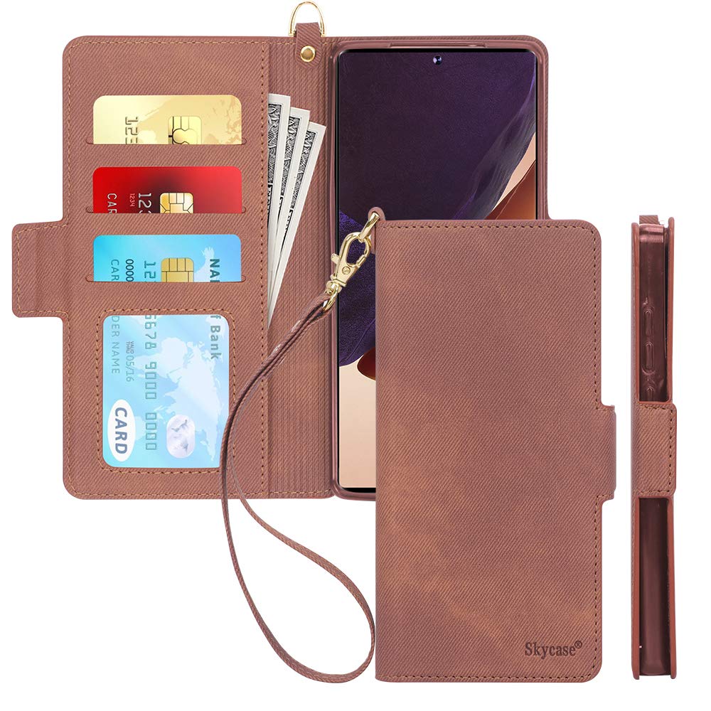 Skycase Samsung Galaxy Note 20 Ultra Case, [RFID Blocking] Premium PU leather Flip Wallet Case with Card Holders Hand Strap Protective Cover for Samsung Galaxy Note 20 Ultra 5G 6.9" 2020 Brown