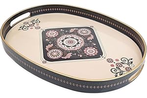 Omuriko Oval Plastic Serving Tray with Handles, Elegant Decorative Tray for Coffee Table, Ottoman, Living Room, Kitchen, Outdoor Use. 10"*16"*1.4" C