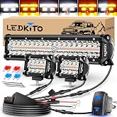 LEDKITO 12In LED Light Bar+4In LED Cube Pod Lights 6Mode Strobe Amber White | Dual Color Spot Flood Combo OffRoad Driving Work Lights Memory Function with Wiring Harness for Je-ep Pickup Golf ATV UTV