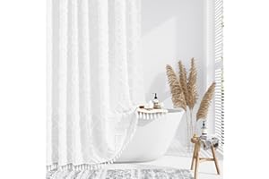Dynamene White Fabric Shower Curtain, Boho Tufted Geometric Striped Tassel Shower Curtain for Bathroom, Shabby Chic Textured Modern Farmhouse Waterproof Cloth Shower Curtain Set, Wrinkle Free, 72x72