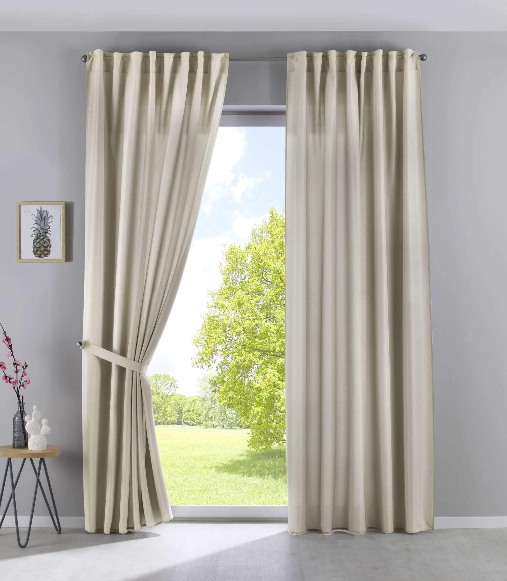 Gardinenbox Set of 2 Cationic Jena Opaque Linen Look Curtains Mottled Curtain Tape with Tie Backs, 100% Polyester, Sand, H x W 145 x 140 cm
