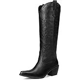 Pasuot Western Cowboy Boots for Women - Knee High Wide Calf Cowgirl Boots, Slip On Pointed Toe Chunky Heel Fashion Retro Classic Pull On Tall Boot for ladies Party concert