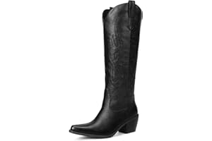 Pasuot Western Cowboy Boots for Women - Knee High Wide Calf Cowgirl Boots, Slip On Pointed Toe Chunky Heel Fashion Retro Classic Pull On Tall Boot for ladies Party concert