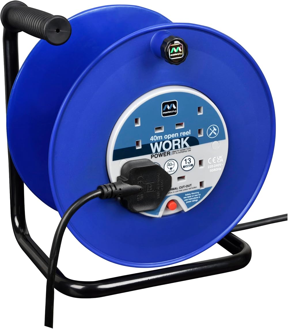 Masterplug Four Socket 40m Open Cable Reel Heavy Duty Blue/Black 13A 4G