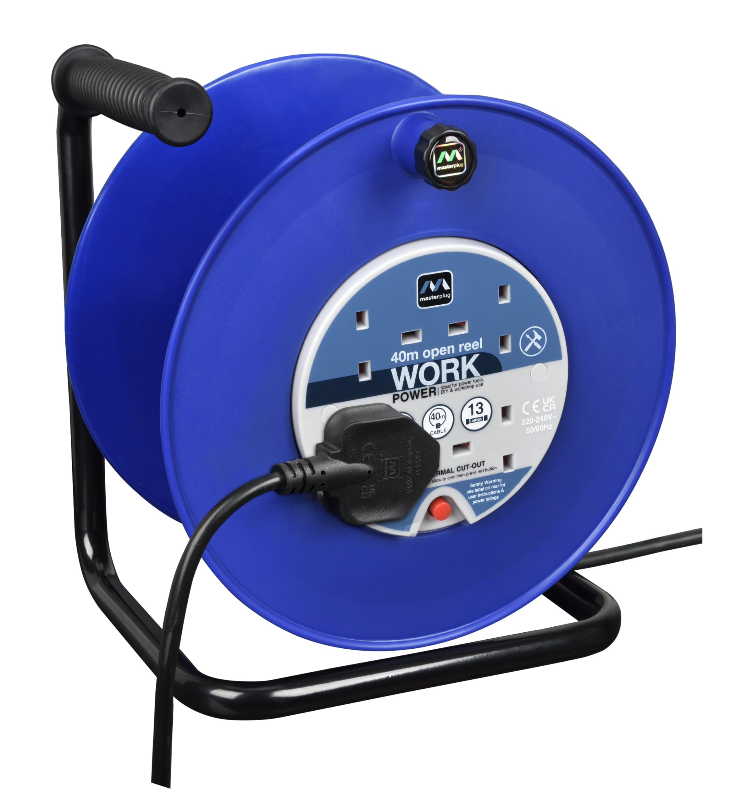 Masterplug Four Socket, 40 Metre Open Cable Reel, Large Extension Lead Reel, Wind-Up Power Retractable Cord Reel, Heavy Duty, Thermal Cut Out, Work Power, Blue/Black, 13A, 4G, 40m, HDCC4013/4BL