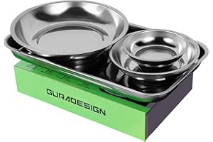 GURADESIGN Magnetic Tray 4-Piece, Large Magnetic Parts Tray and Round Magnetic Parts Tray Set, Stainless Steel Heavy Duty 9.5" W x 5.5''L Square and 6" 4" 3"Round Tools Tray