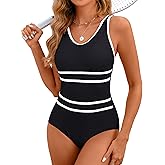 Edelqual Womens One Piece Swimsuits Tummy Control Athletic Full Coverage Bathing Swim Suit Color Block Slimming Swimwear