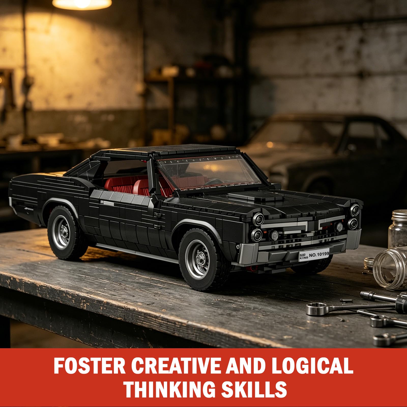 Mould King 10199 Technik Sportwagen Bausteine GTO Rennauto Klemmbausteine Klassischer Amerikanischer Muscle-Car Modellauto für Jungen und Erwachsene(1563 Teile) 3