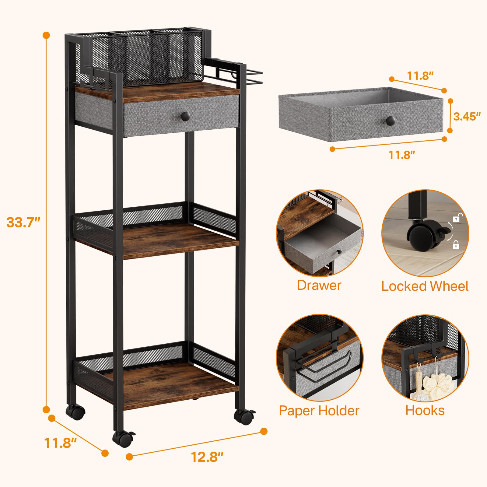 FURFUN Bathroom Shelves with Drawer, 3 Tier Metal Rolling Standing Unit Storage Organizers with Toilet Paper Holder, Multifunctional Floor Corner Rack for Cosmetic, Dryer Curling Irons 12.8in Wide