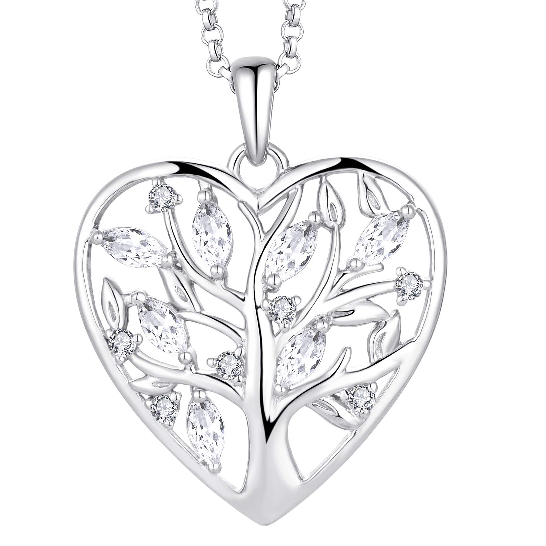JO WISDOM Women Heart Necklace,925 Sterling Silver Tree of Life Pendant Necklace with 3A Cubic Zirconia April Birthstone Jewelry for Women — image 1