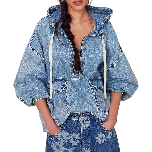 Xadsfeel Women's Oversized Denim Hoodie Pullover Jackets