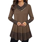 Bebonnie Cowl Neck Tunics Long Sleeve Patchwork Form Fitting Casual A-Line Top Blouse