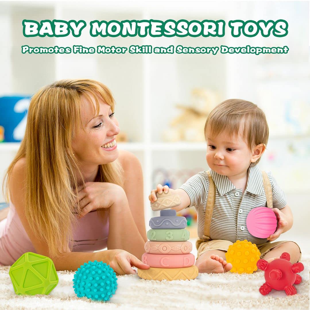 SpringFlower 3 in 1 Montessori Toys for Babies 0-3-6-12 Months, Soft Baby Teething, Stacking Building Blocks for Infants, Sensory Developmental Education Toys for Toddler Baby 12-18 Months,23 PCS