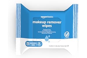 Amazon Basics Makeup Remover Wipes, Gentle Cleansing, Dermatologist Tested, Fragrance-Free, Plant Based, Alcohol-Free, Removes Waterproof Mascara, 25 Count Per Pack, Pack of 1