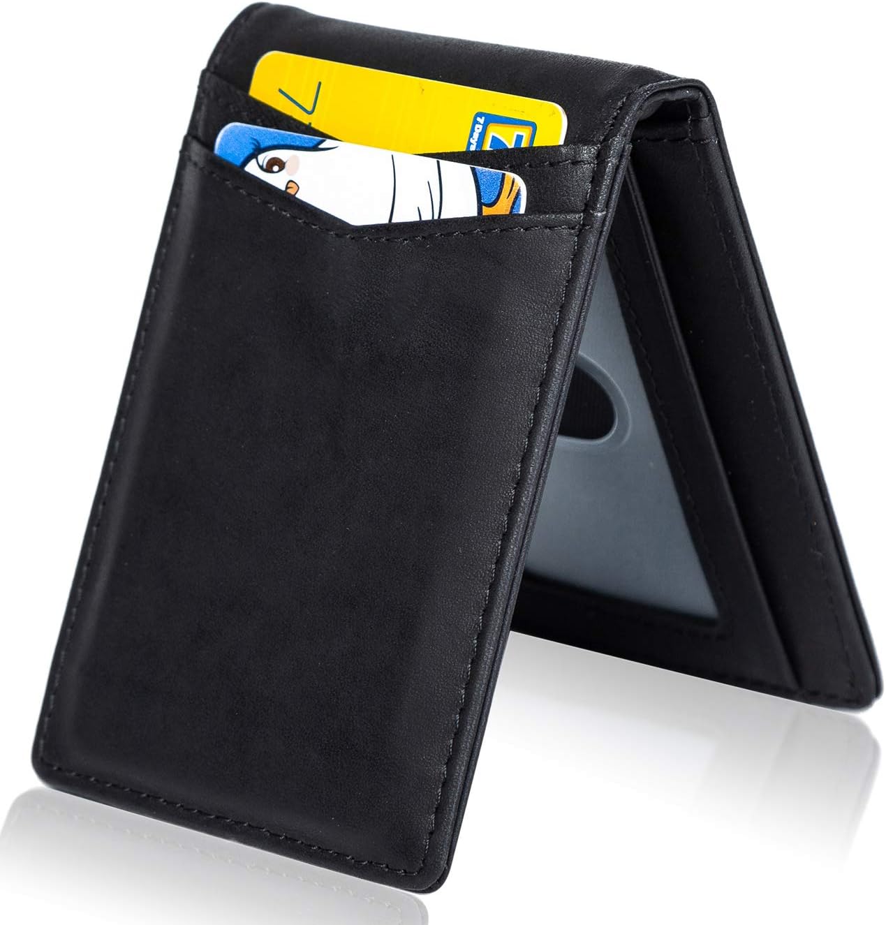 Mens RFID Blocking Front Pocket Minimalist Slim Bifold Genuine Leather Wallet Pull Tab Money Clip (Vintage Charcoal Black)