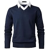 Men's Sweater with Mock Shirts Collar 2 in 1 V-Neck Knitted Pullover Classic Solid Sweaters