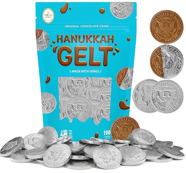 THE DREIDEL COMPANY DARK CHOCOLATE COINS, HANUKKAH GELT, SILVER, MADE WITH PREMIUM CHOCOLATE, GLUTEN-FREE, NON-GMO, KOSHER CERTIFIED (100-PACK)
